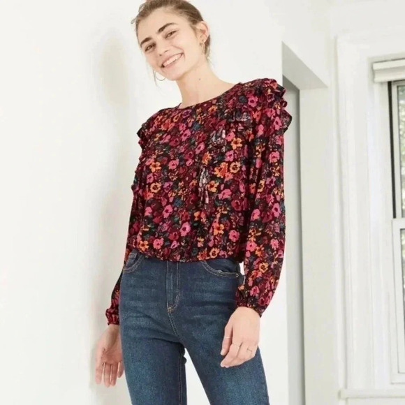 wild fable Tops - Wild Fable Women's Size Small Black Floral Ruffle Blouse Long Sleeve Cottagecore